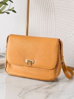 Pierre Balmain Camel Crossbody Shoulder Bag Gold Turn Lock Adjustable Strap